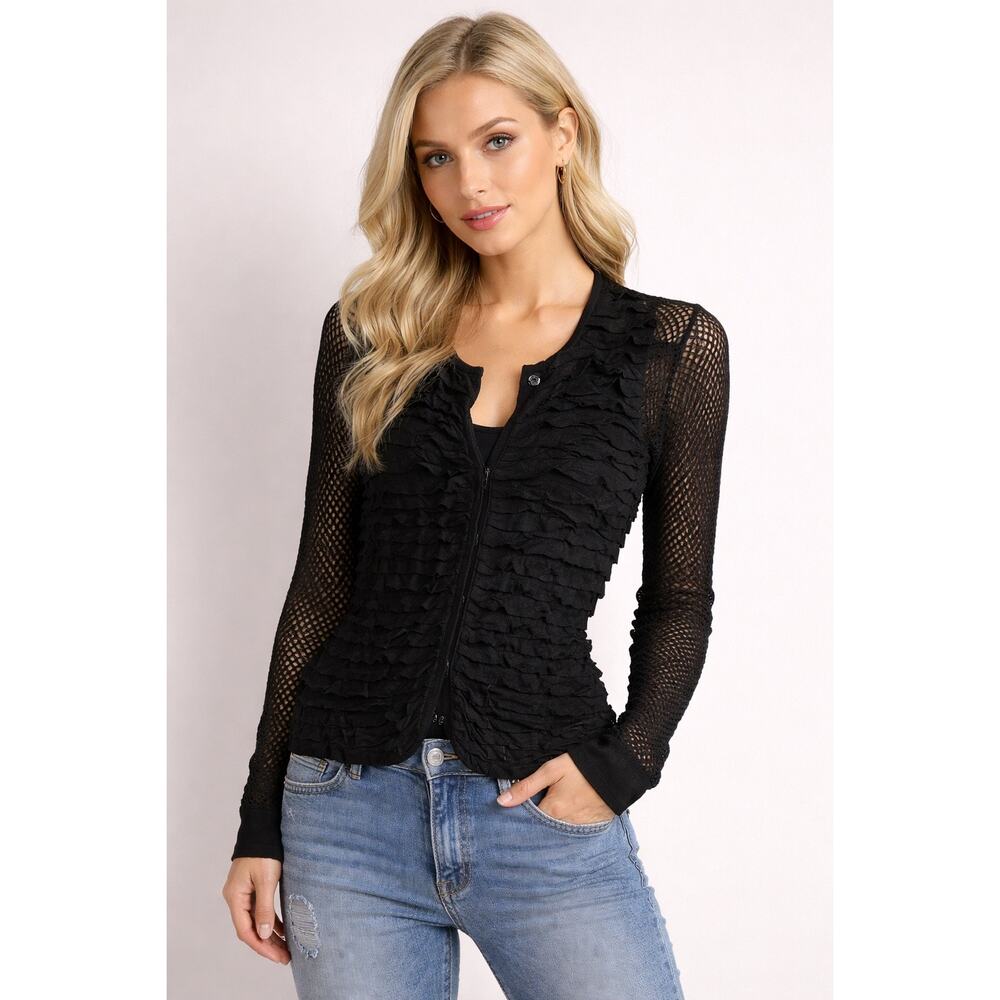 Manoush Black Ruffle Cardigan Size M Mesh Knit Sheer Button Front Boho Textured